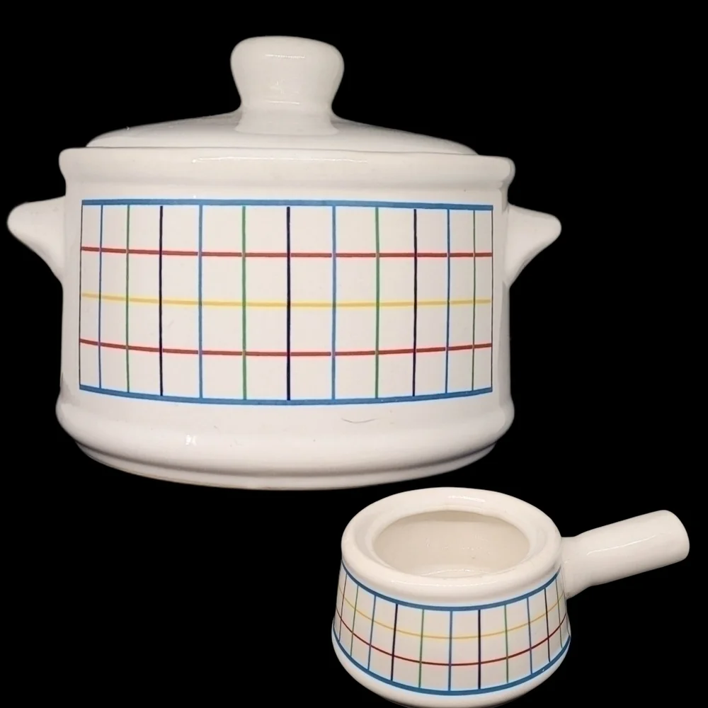 1980's/90's Mardi Gras pattern stoneware? cooking pot & French onion soup bowl